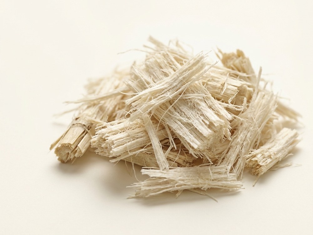 A loose heap of pale, frayed sugarcane bagasse fibres on a neutral studio background.