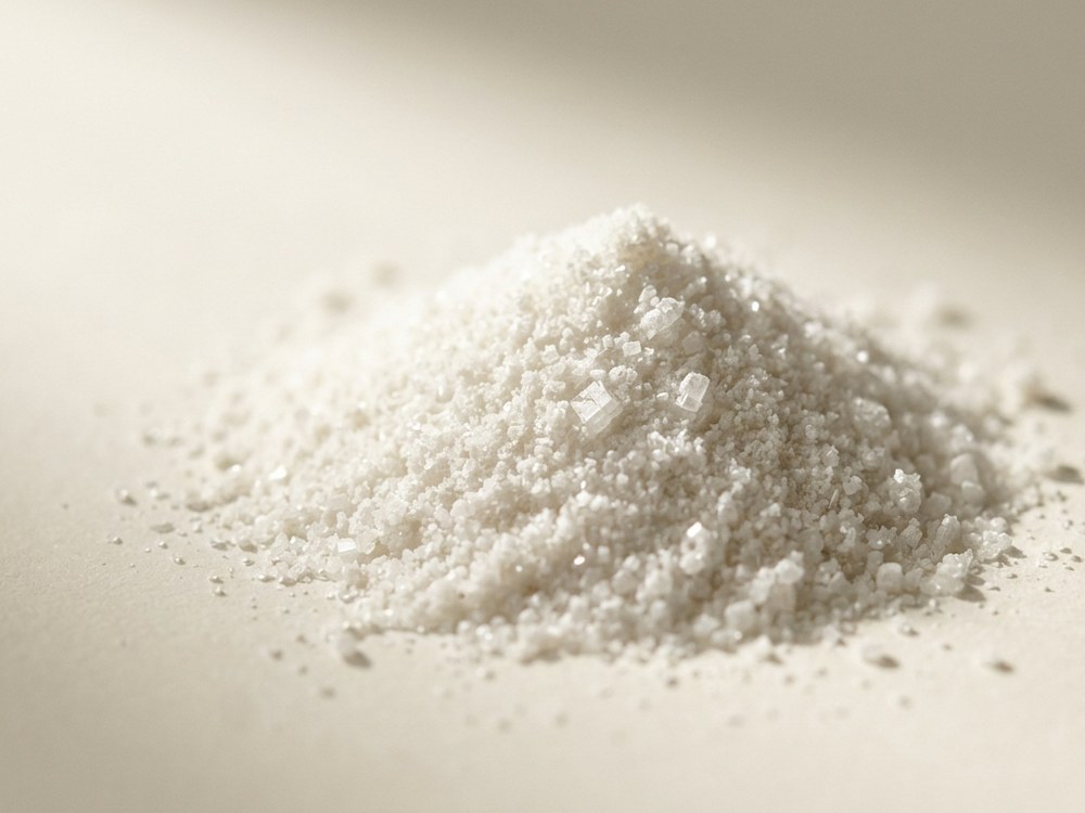 A small heap of fine white crystalline prebiotic powder on a neutral surface, lit to reveal individual crystal facets.