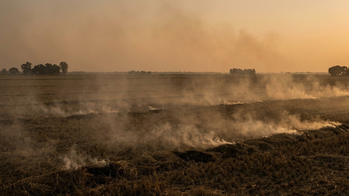 Harvested paddy field at dusk with lines of crop residue smouldering and smoke drifting low across the stubble.